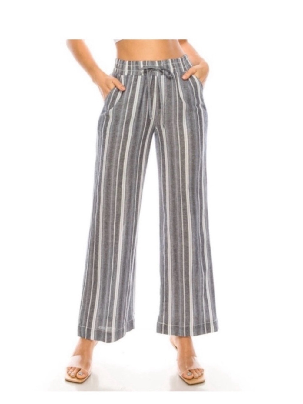 Briggs Linen Wide Leg Pant Size Med Striped elastic waist, pockets! Gray/white